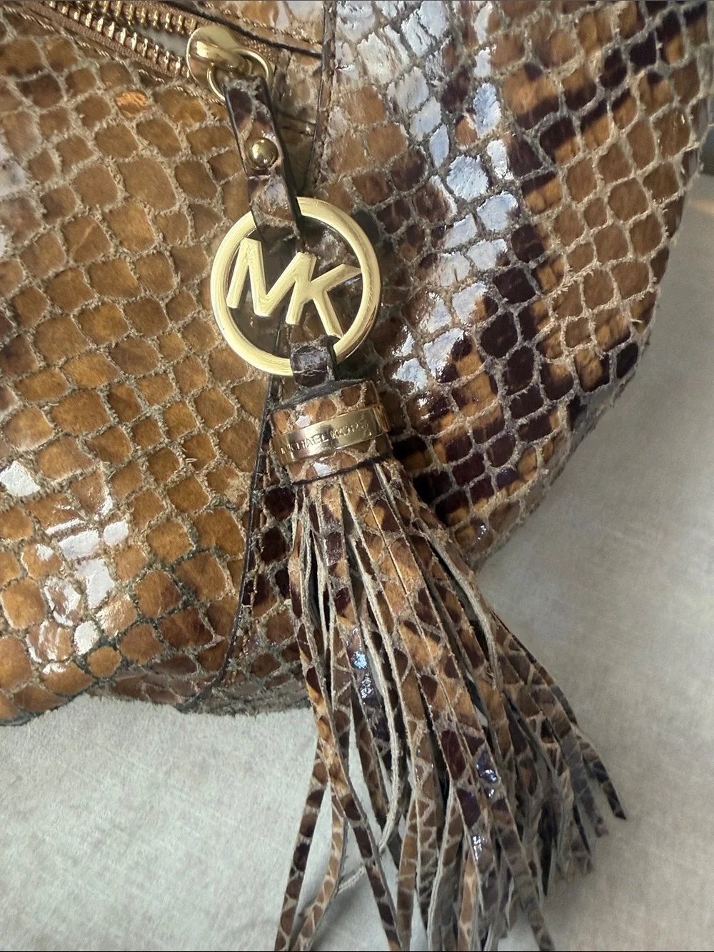 Michael Kors Brown and Tan Snake-Print Leather Hobo with Tassel Charm